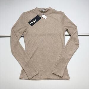 Only Women’s Sheer Turtleneck Top Size XS Festival Beige Gold Long Sleeve